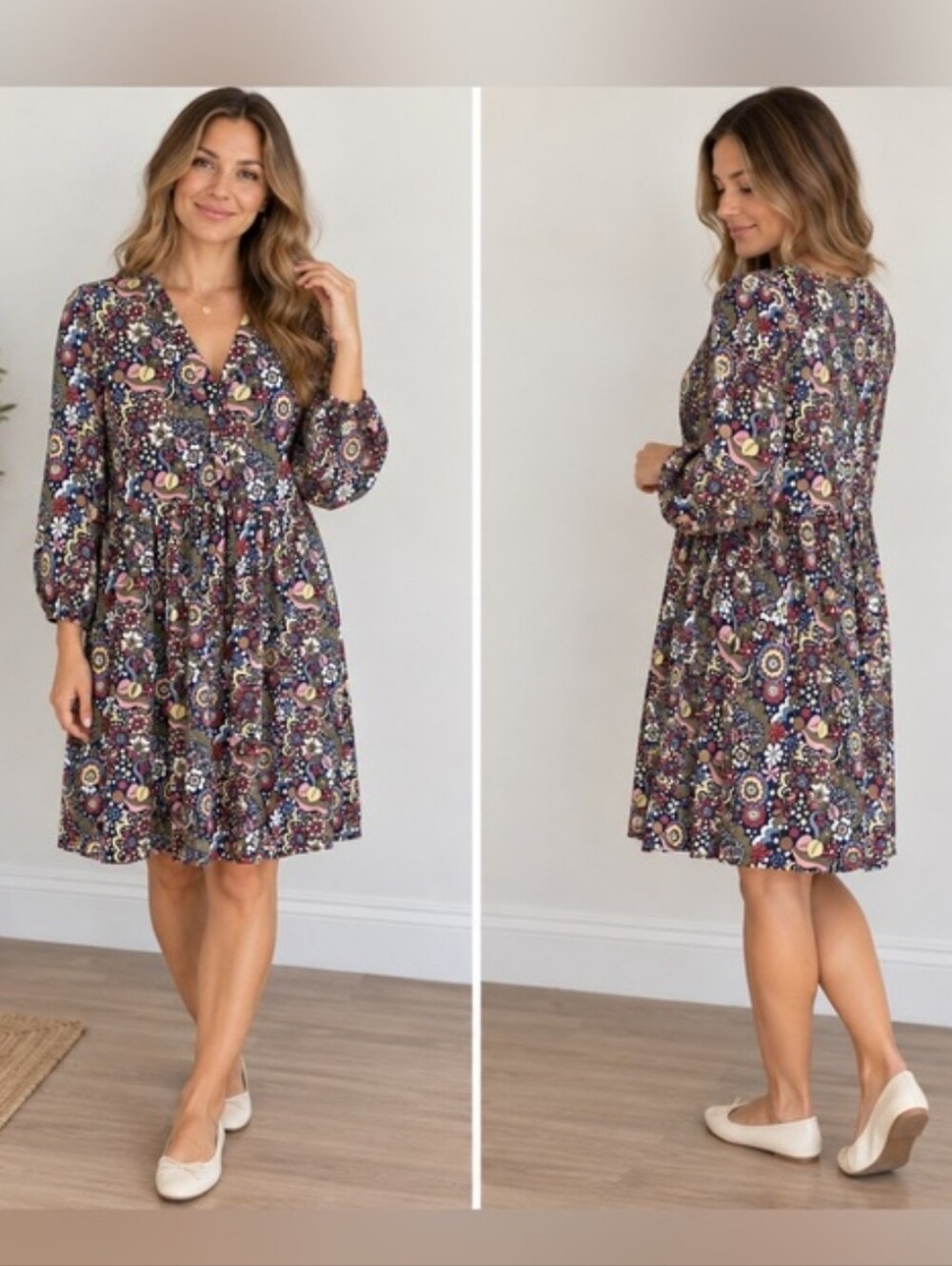 Boden Shirt Dress 4 Floral Paisley V-Neck Long Sleeve Retro Floral